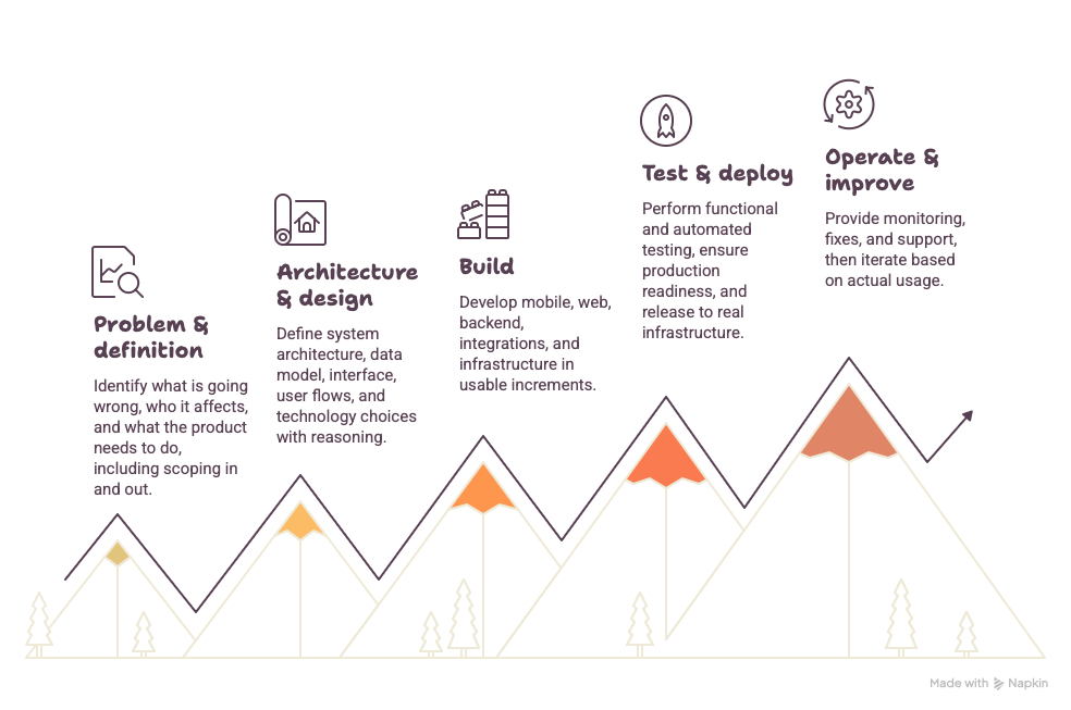 The five stages — problem and definition, architecture and design, build, test and deploy, operate and improve — drawn as a rising range of peaks, each higher than the last.